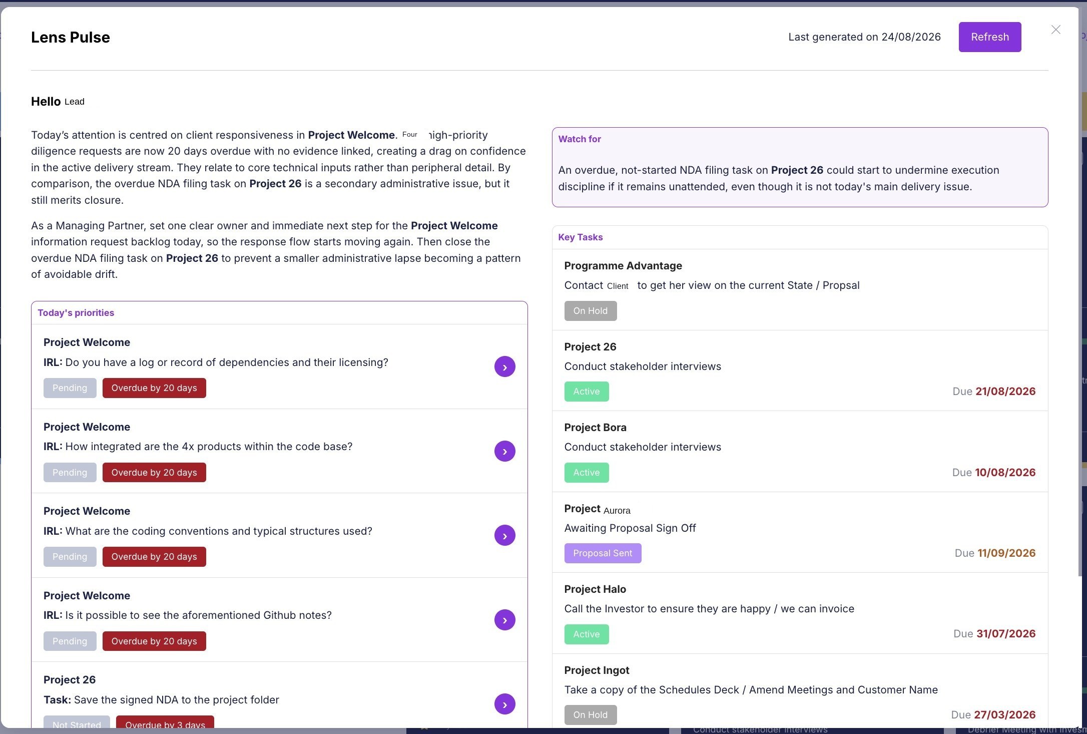 Lens Pulse daily narrative brief summarising priorities, risks and key tasks across all live projects
